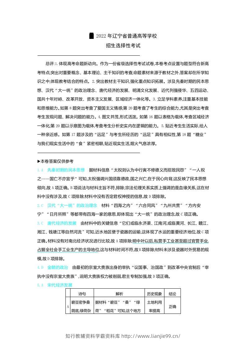 2022年高考历史试卷（辽宁）（含答案）-学霸资料库学科资源下载