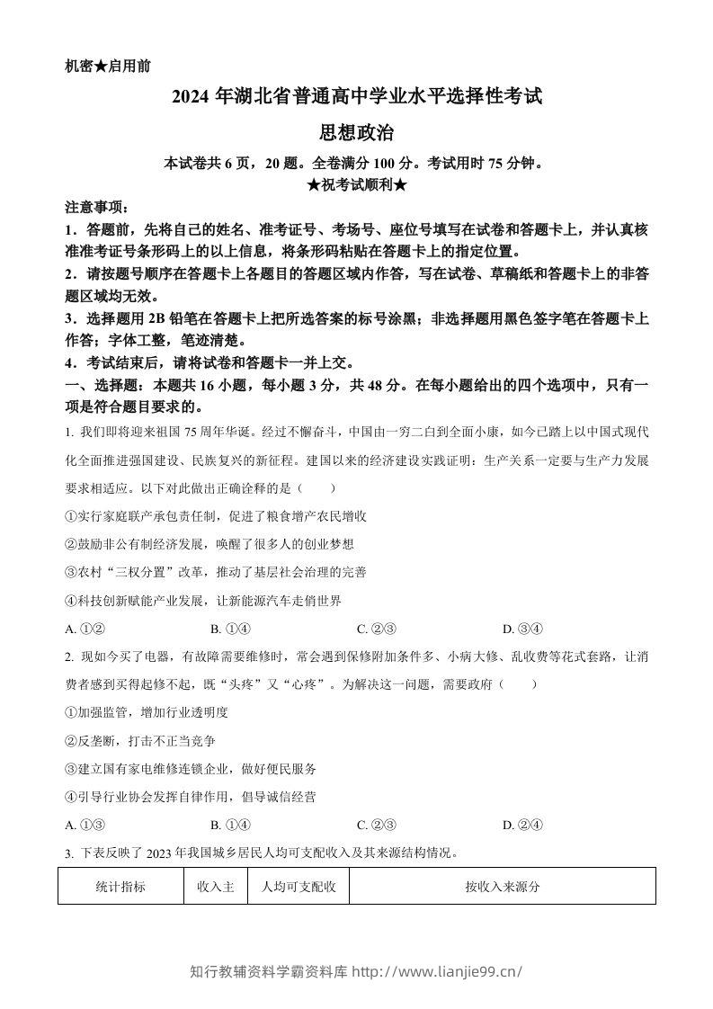 2024年高考政治试卷（湖北）（空白卷）-学霸资料库学科资源下载