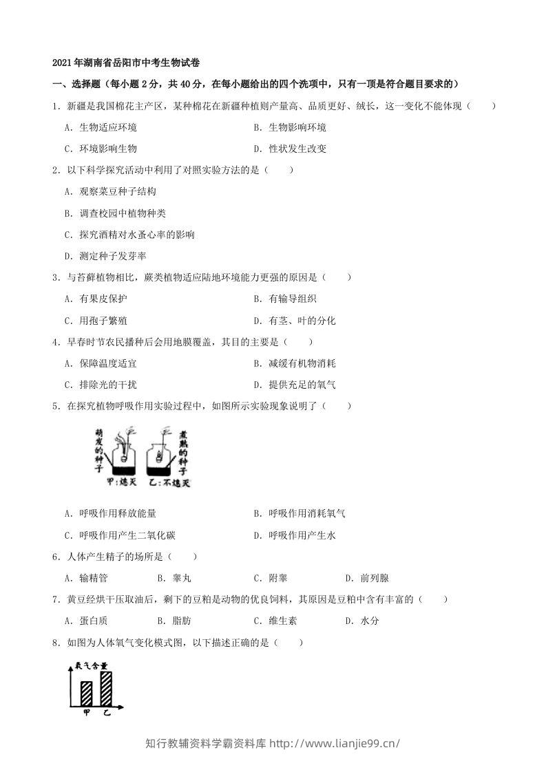 2021年湖南省岳阳市中考生物真题（word版，含解析）-学霸资料库学科资源下载