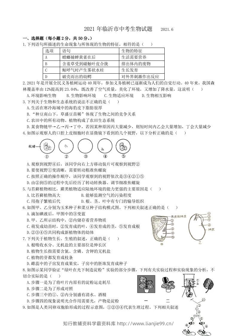 2021年山东省临沂市中考生物真题（WORD，含答案）-学霸资料库学科资源下载