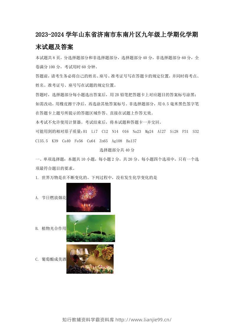 2023-2024学年山东省济南市东南片区九年级上学期化学期末试题及答案(Word版)-学霸资料库学科资源下载