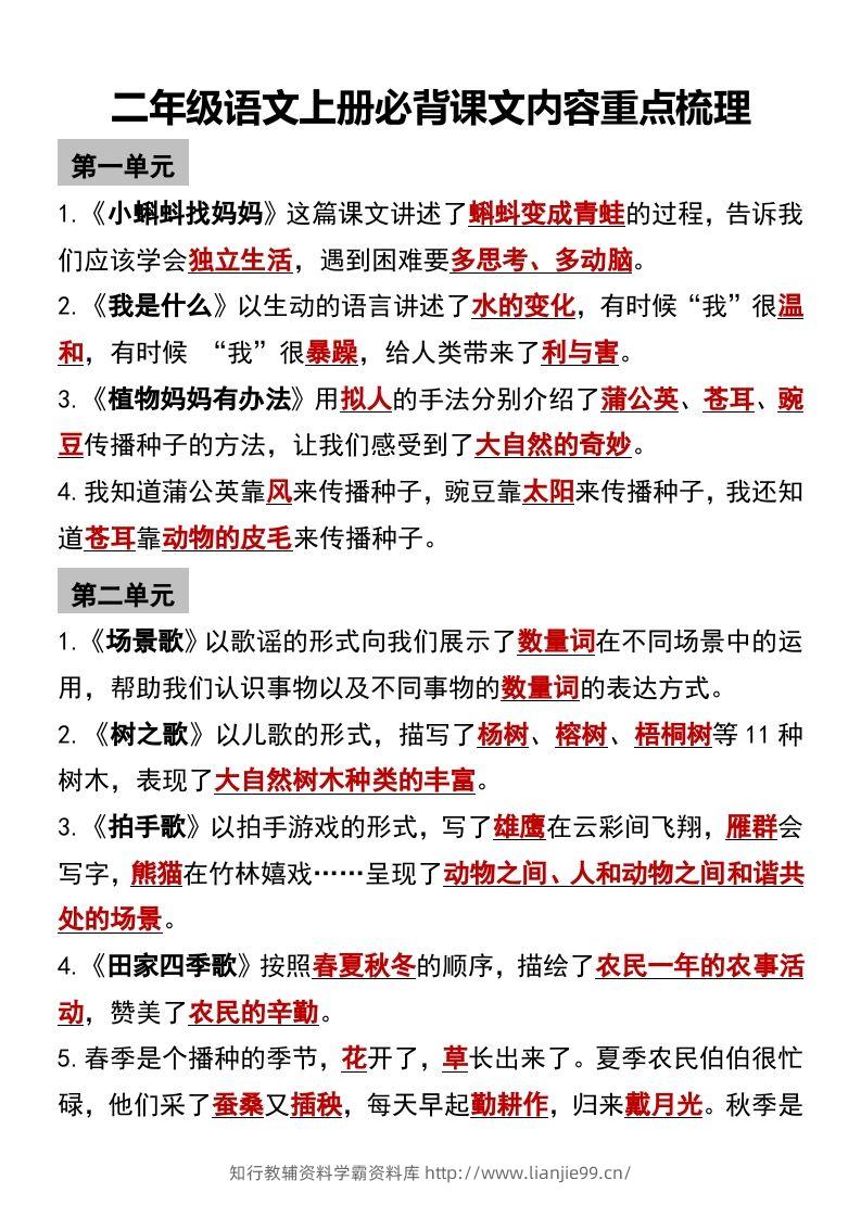 二年级语文上册必背课文内容重点梳理-学霸资料库学科资源下载