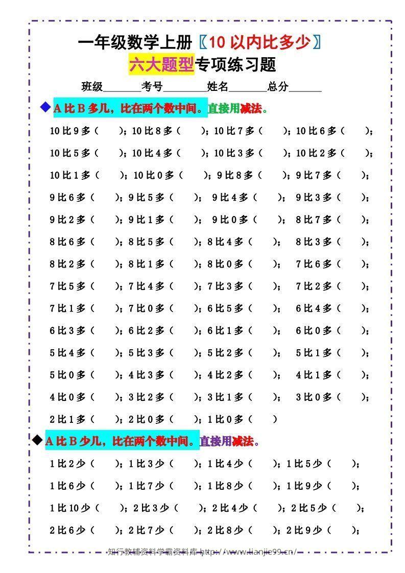 一上数学《10以内比多少》填空题六大题型（含答案）-学霸资料库学科资源下载