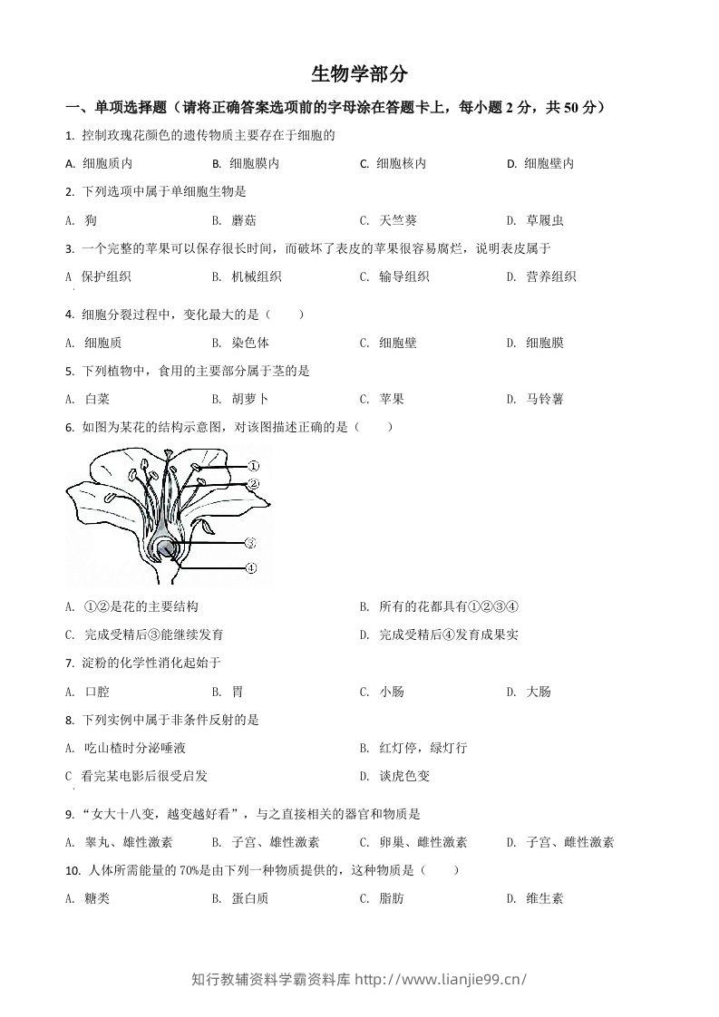 辽宁省鞍山市2020年中考生物试题（空白卷）-学霸资料库学科资源下载