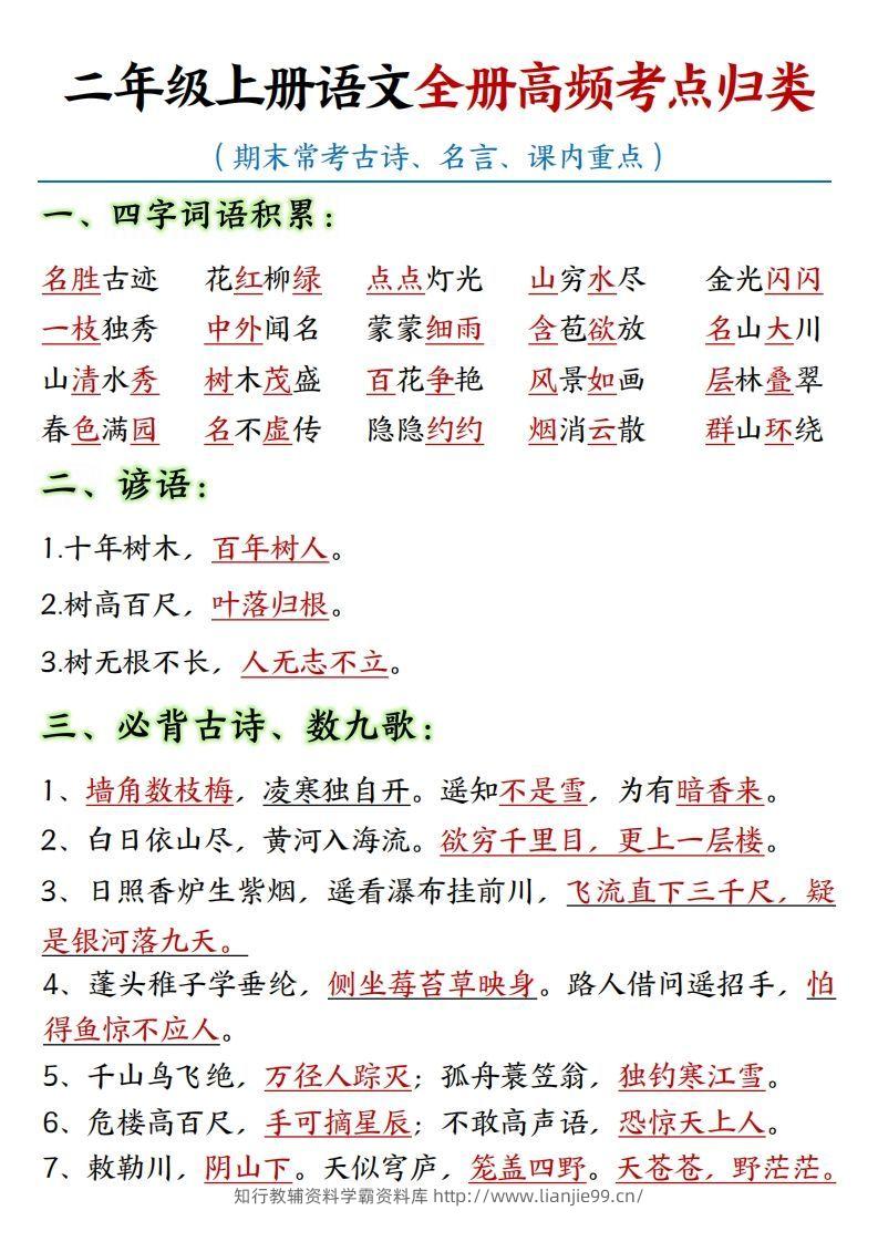 【全册重点高频考点归类汇总】二上语文-学霸资料库学科资源下载