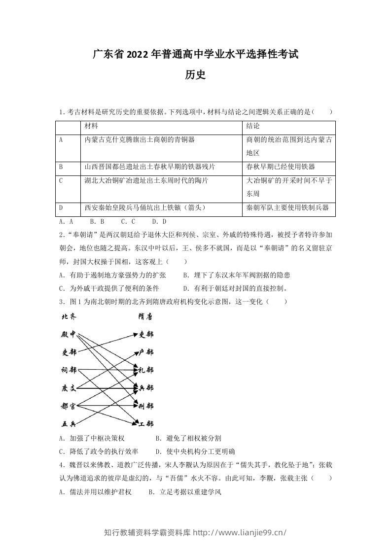 2022年高考历史试卷（广东）（空白卷）-学霸资料库学科资源下载