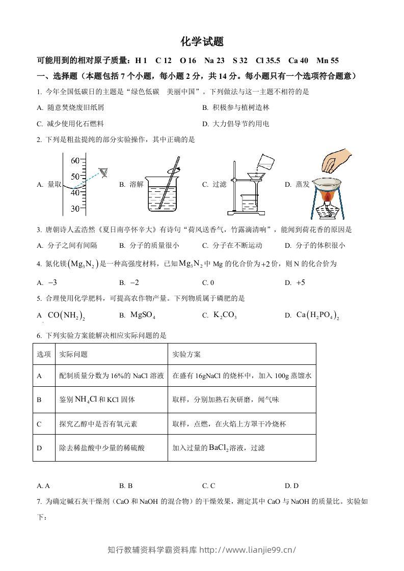 2024年贵州省中考化学真题（空白卷）-学霸资料库学科资源下载