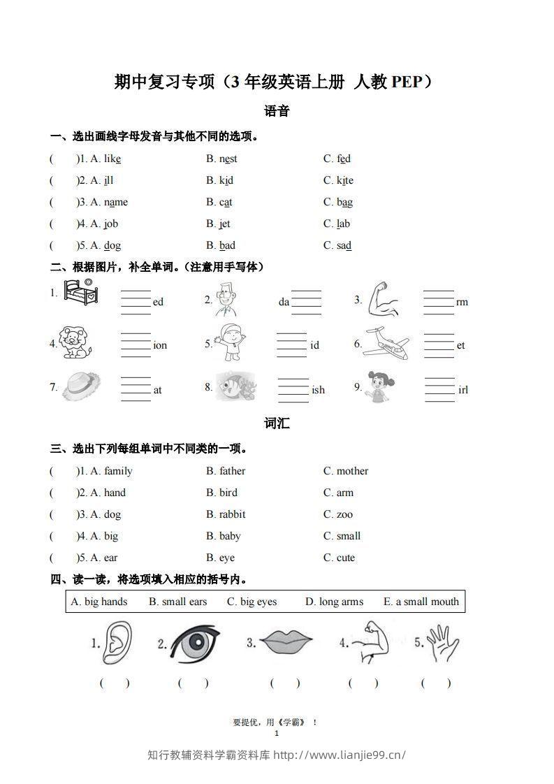 期中复习专项（三上英语人教版）-学霸资料库学科资源下载
