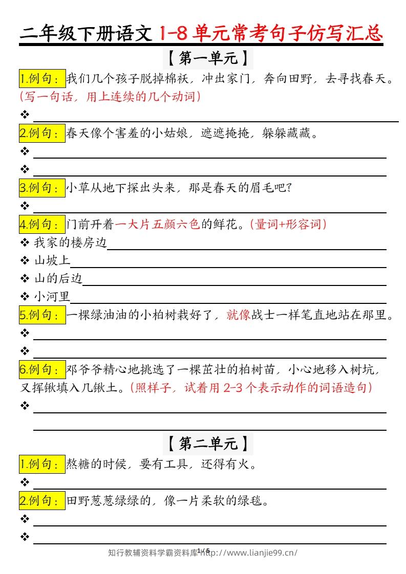 【常考仿写句子】二下语文-学霸资料库学科资源下载