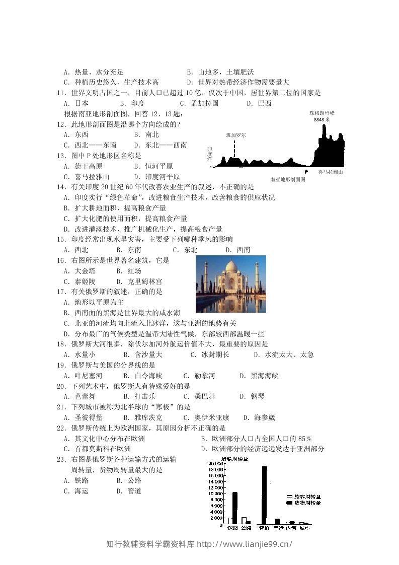 图片[2]-七年级下册地理第七章试卷及答案人教版(Word版)-学霸资料库学科资源下载