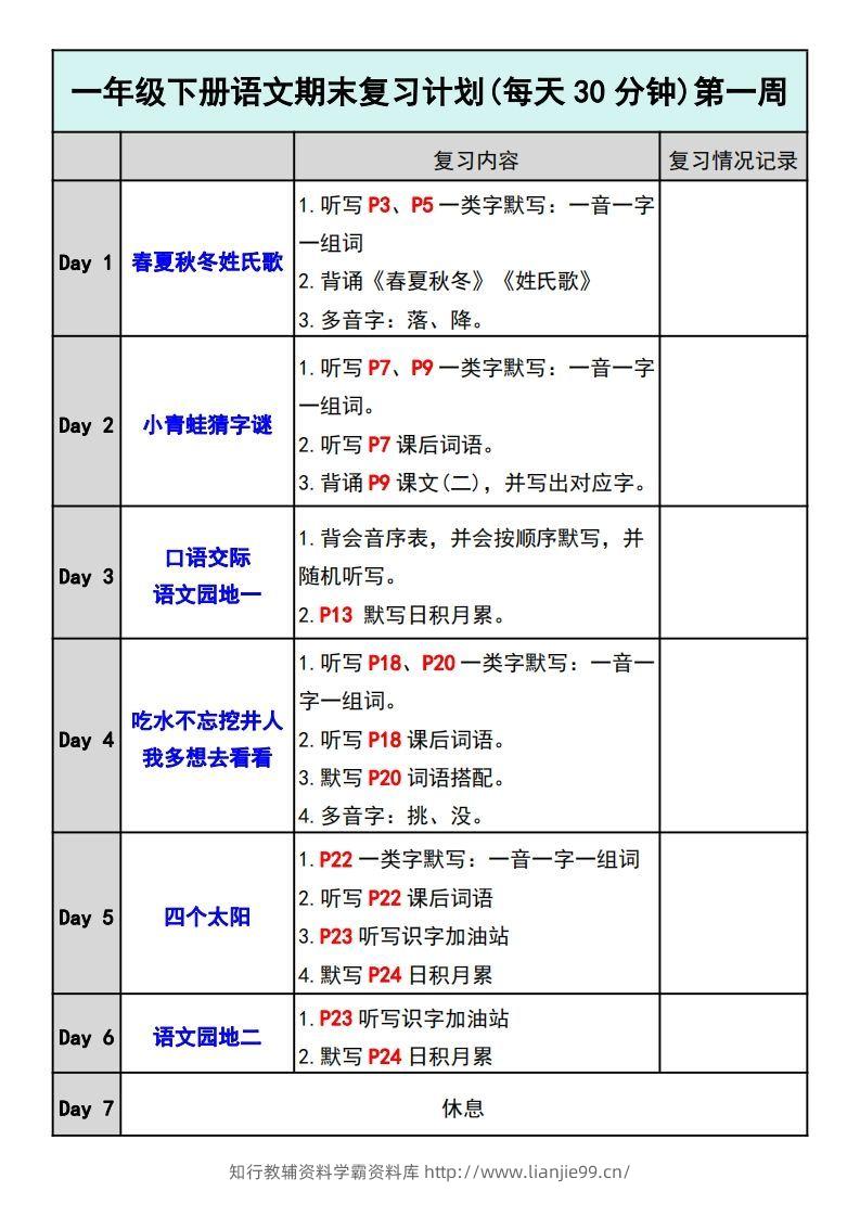 —年级下册语文期末复习计划-学霸资料库学科资源下载