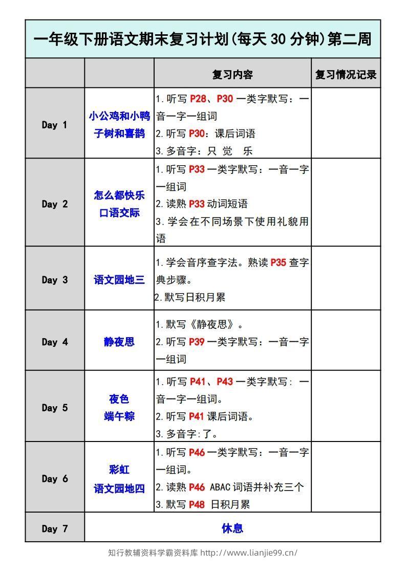 图片[2]-—年级下册语文期末复习计划-学霸资料库学科资源下载
