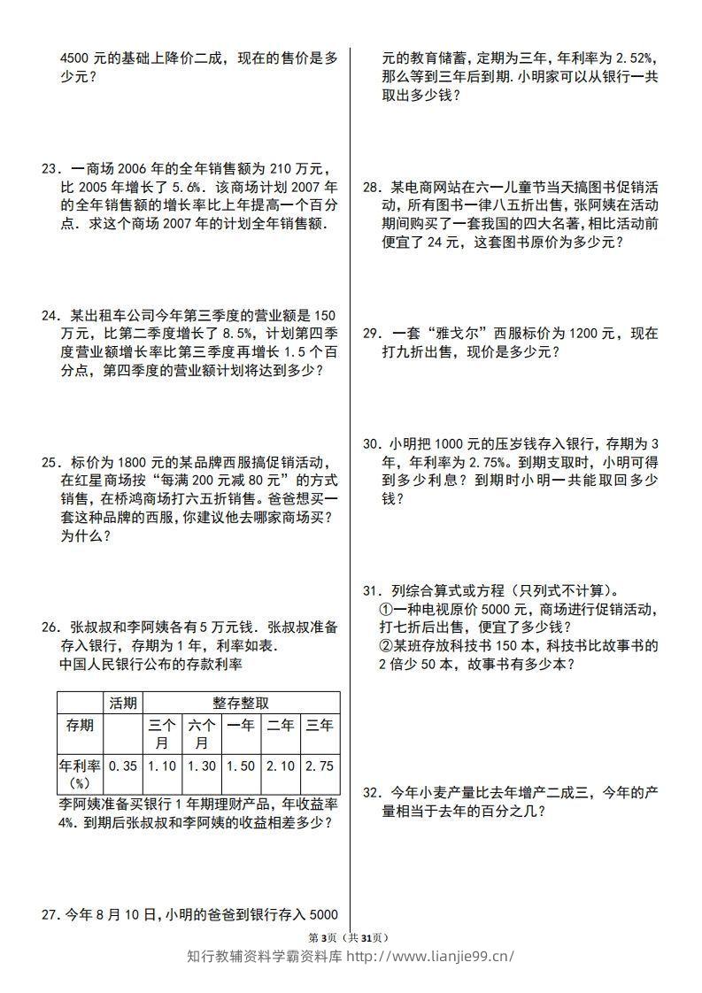 图片[3]-六年级数学上册百分数应用题60题-学霸资料库学科资源下载