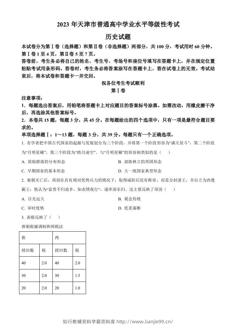 2023年高考历史试卷（天津）（空白卷）-学霸资料库学科资源下载