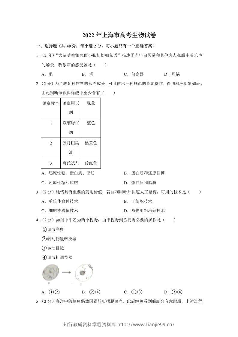 2022年高考生物试卷（上海）（含答案）-学霸资料库学科资源下载
