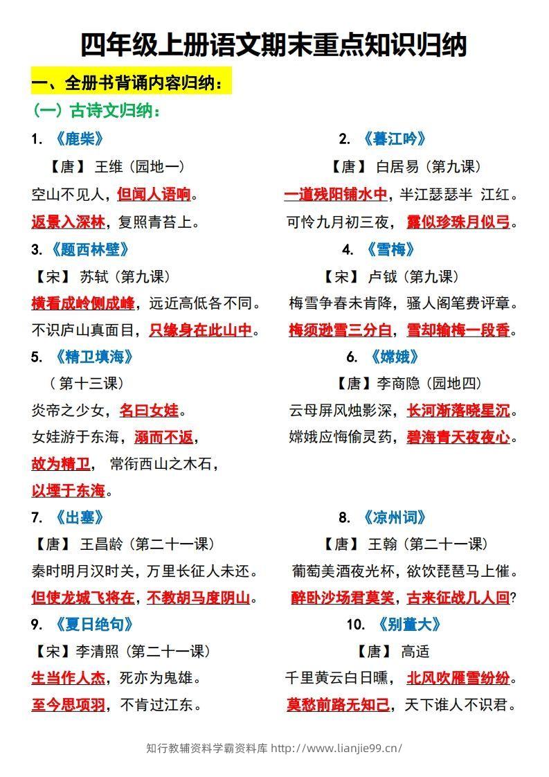 四上语文全册重点知识汇总-学霸资料库学科资源下载