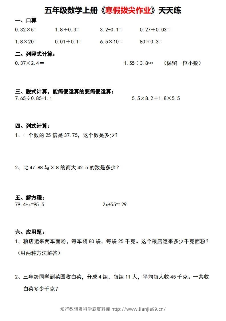 五年级下【数学寒假】拔尖作业天天练30天-学霸资料库学科资源下载