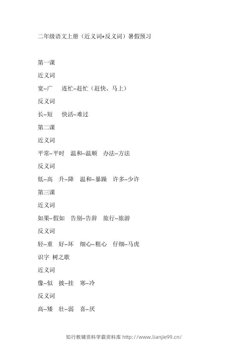 二上语文近反义词汇总-学霸资料库学科资源下载