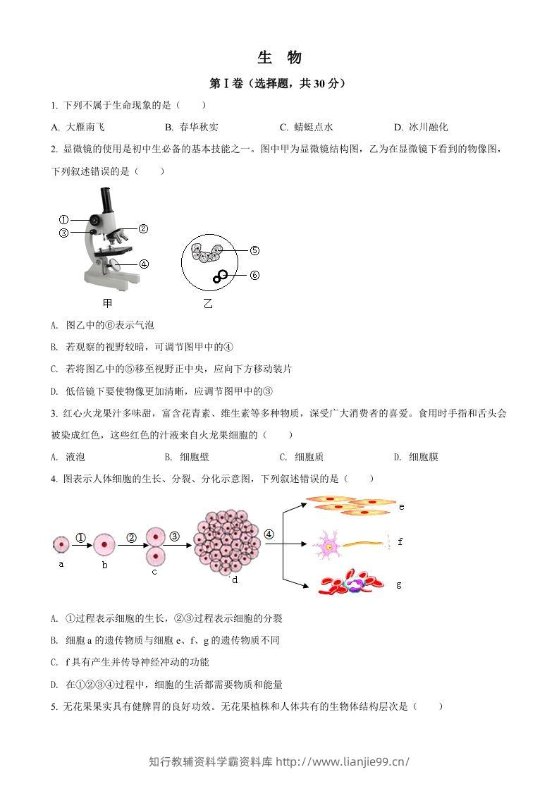 2022年广西贺州市中考生物真题（空白卷）-学霸资料库学科资源下载