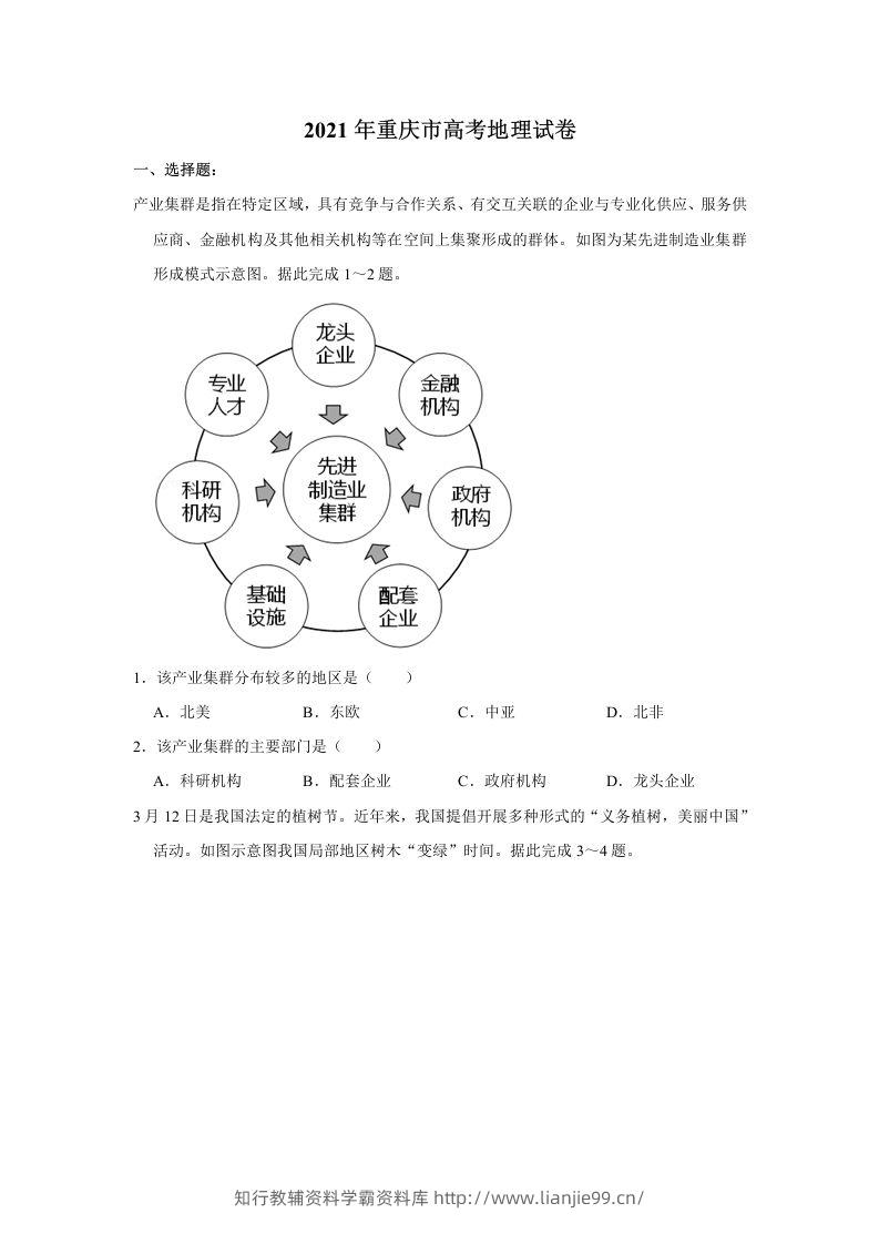2021年高考地理试卷（重庆）（空白卷）-学霸资料库学科资源下载