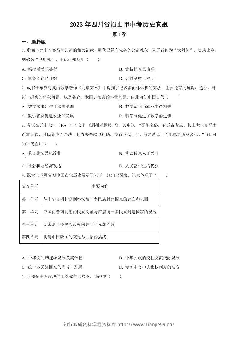 2023年四川省眉山市中考历史真题（空白卷）-学霸资料库学科资源下载