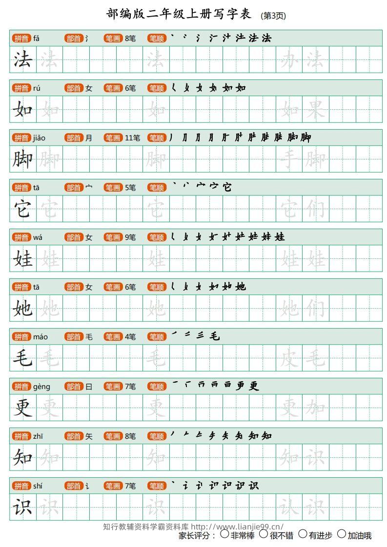 图片[3]-部编版二年级上册语文写字表《田字格字帖》-学霸资料库学科资源下载