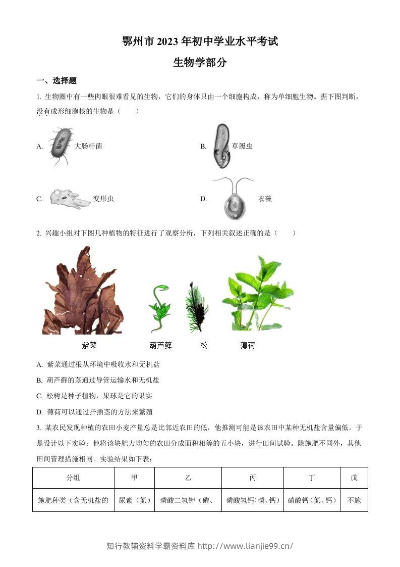 2023年湖北省鄂州市中考生物真题（空白卷）-学霸资料库学科资源下载