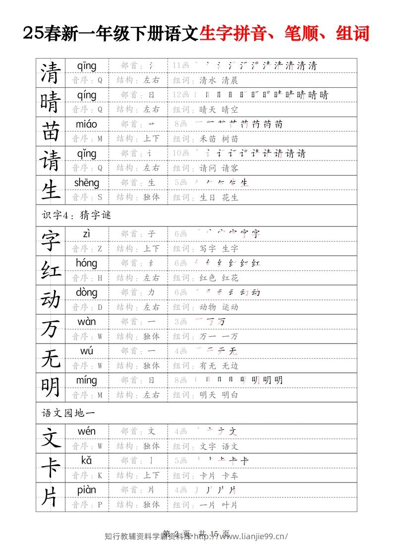 图片[2]-25春新一下语文生字拼音、笔顺、组词（15页）-学霸资料库学科资源下载