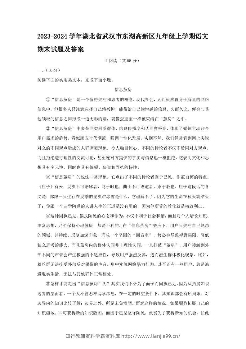 2023-2024学年湖北省武汉市东湖高新区九年级上学期语文期末试题及答案(Word版)-学霸资料库学科资源下载