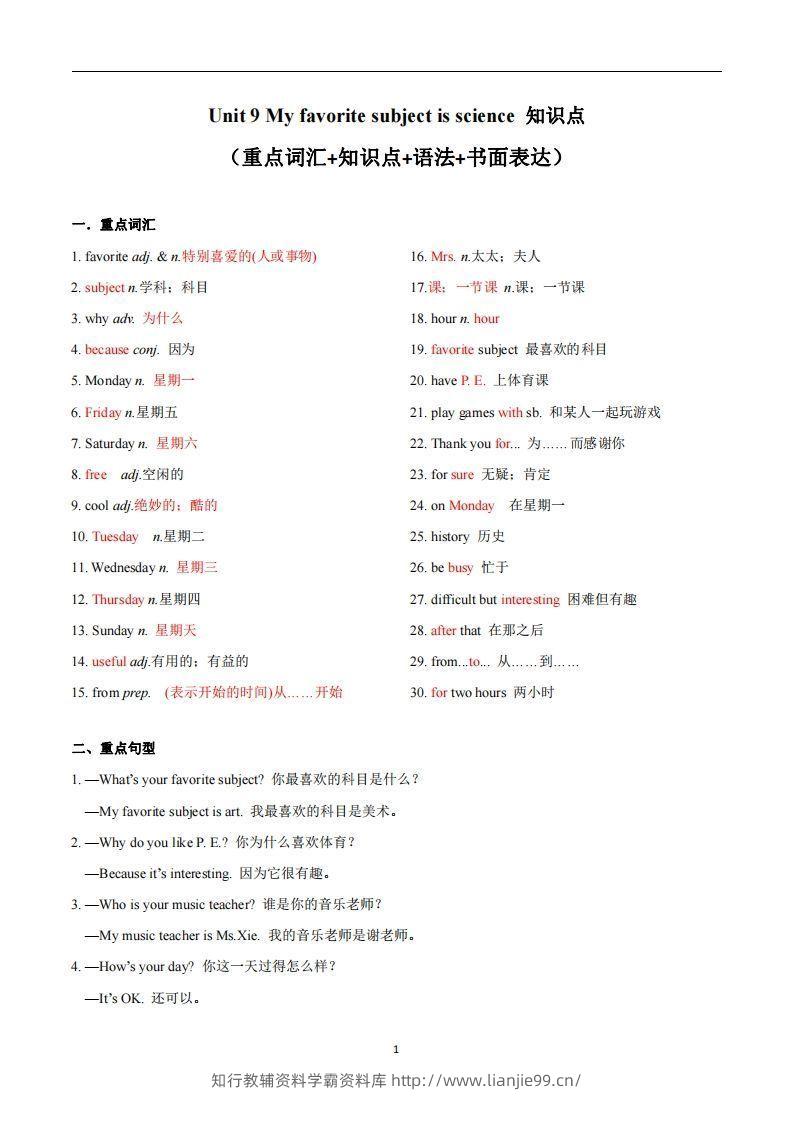 人教版英语七年级上Unit9Myfavoritesubjectisscience_-学霸资料库学科资源下载