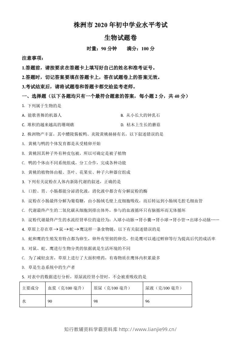 湖南省株洲市2020年中考生物试题（空白卷）-学霸资料库学科资源下载