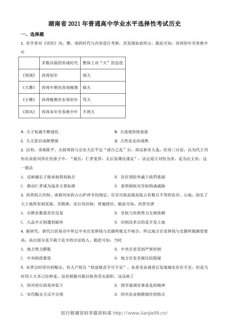 2021年高考历史试卷（湖南）（空白卷）-学霸资料库学科资源下载