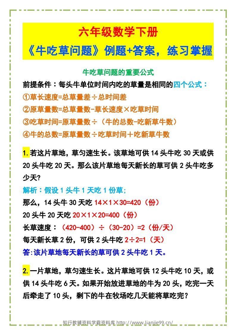 六年级数学下册《牛吃草问题》例题+答案-学霸资料库学科资源下载