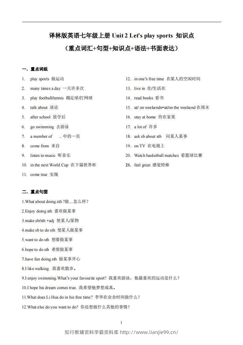 译林版英语七年级上册Unit2Let’splaysports知识点_-学霸资料库学科资源下载