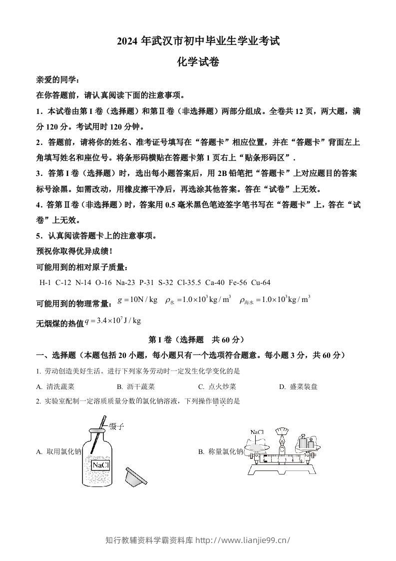 2024年湖北省武汉市中考化学真题（空白卷）-学霸资料库学科资源下载