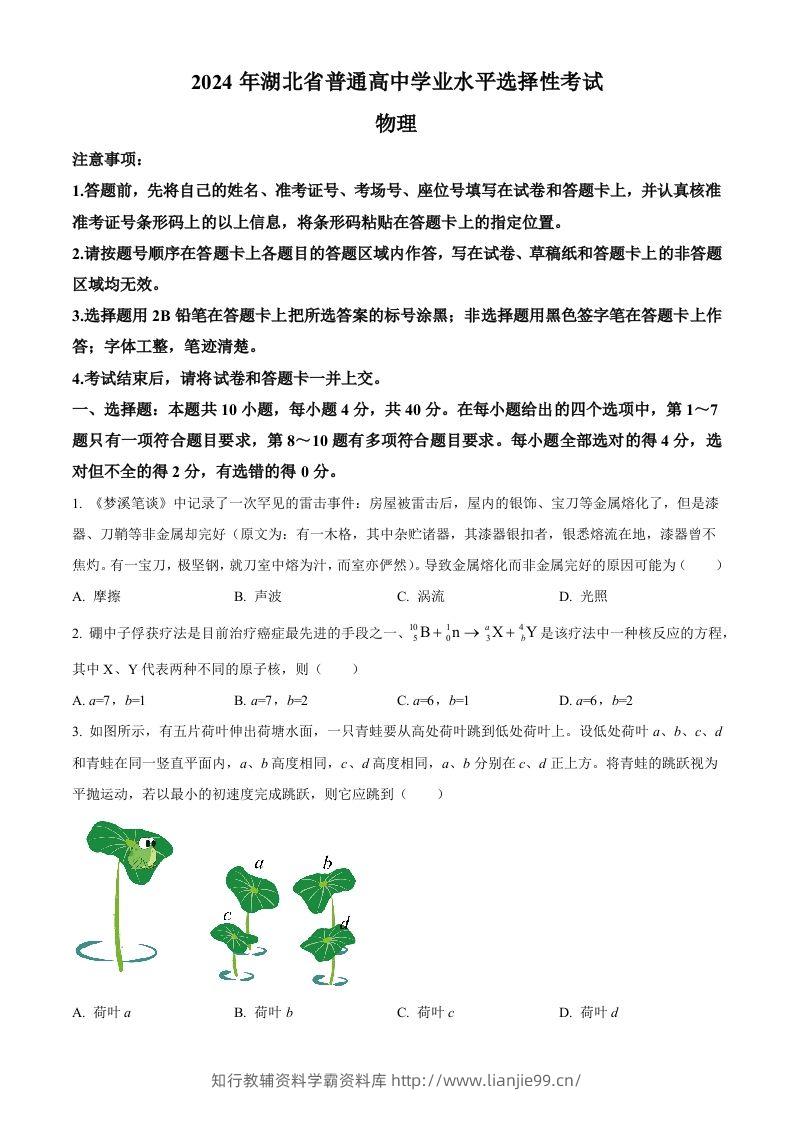 2024年高考物理试卷（湖北）（空白卷）-学霸资料库学科资源下载