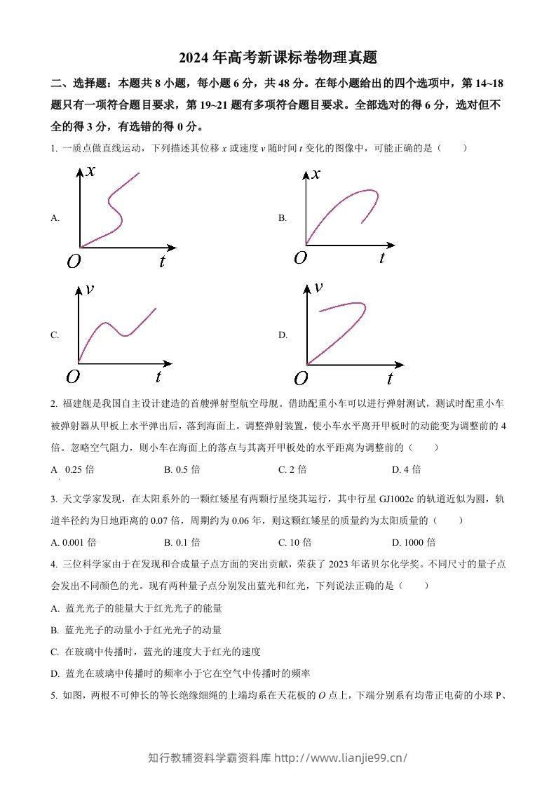 2024年高考物理试卷（新课标）（空白卷）-学霸资料库学科资源下载