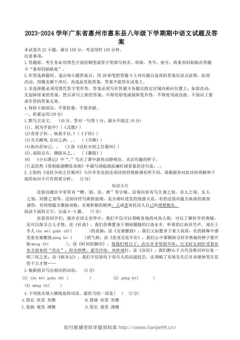 2023-2024学年广东省惠州市惠东县八年级下学期期中语文试题及答案(Word版)-学霸资料库学科资源下载