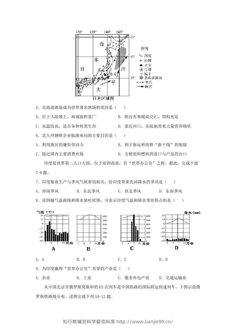图片[3]-2020-2021学年七年级下册地理期末试卷及答案人教版(Word版)-学霸资料库学科资源下载