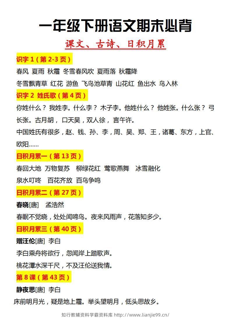 【期末必背】一下期末复习-学霸资料库学科资源下载