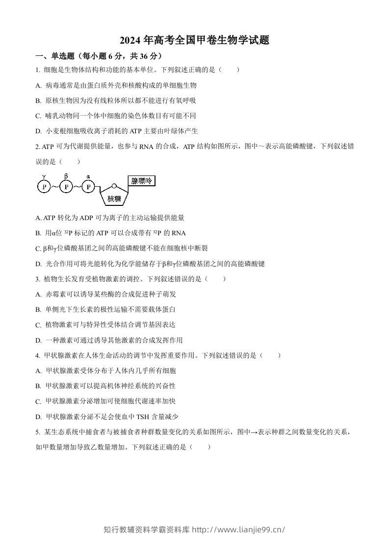 2024年高考生物试卷（全国甲卷）（空白卷）-学霸资料库学科资源下载
