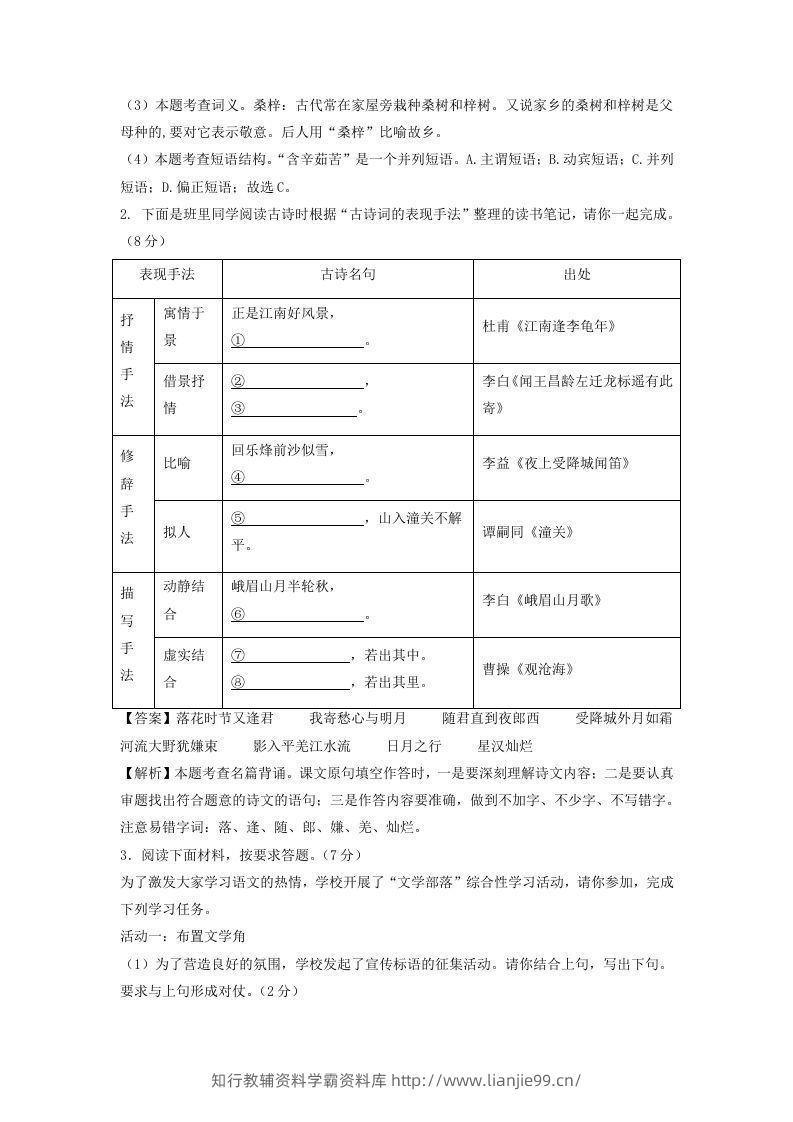 图片[2]-2023-2024学年江苏南京七年级下册语文开学摸底试卷及答案(Word版)-学霸资料库学科资源下载