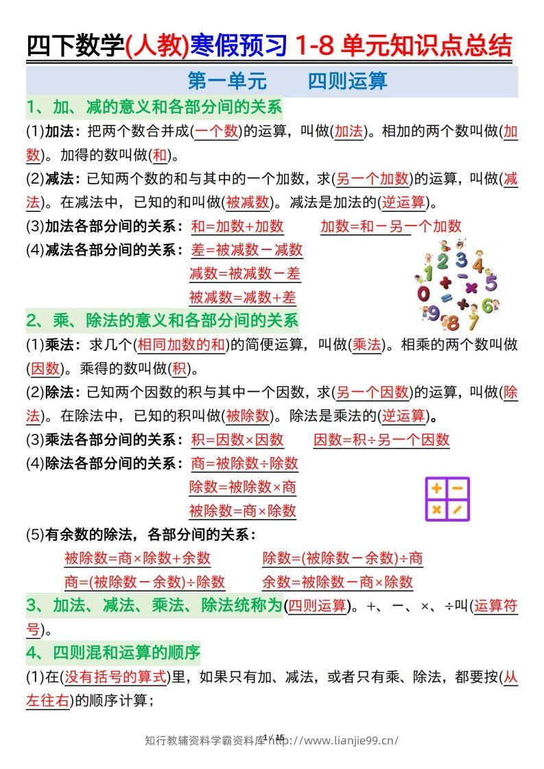 四下数学(人教)寒假预习1-8单元知识点总结（14页）-学霸资料库学科资源下载