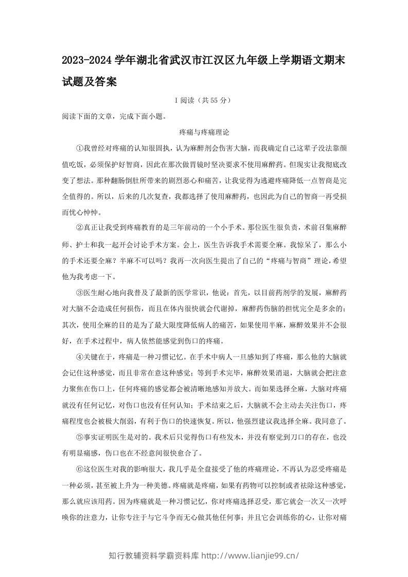 2023-2024学年湖北省武汉市江汉区九年级上学期语文期末试题及答案(Word版)-学霸资料库学科资源下载