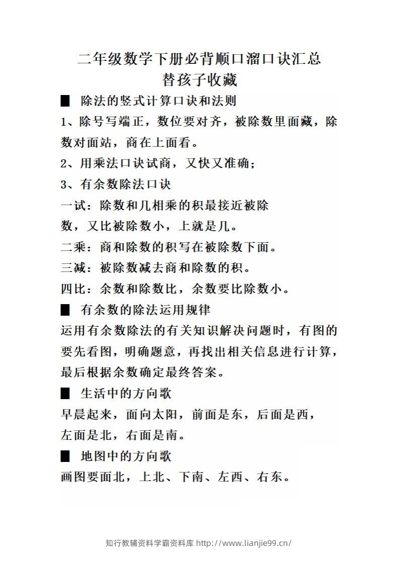 二（下）数学必背顺口溜口诀汇总-学霸资料库学科资源下载