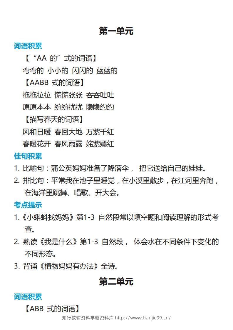 二年级语文上册词语佳句考点积累-学霸资料库学科资源下载