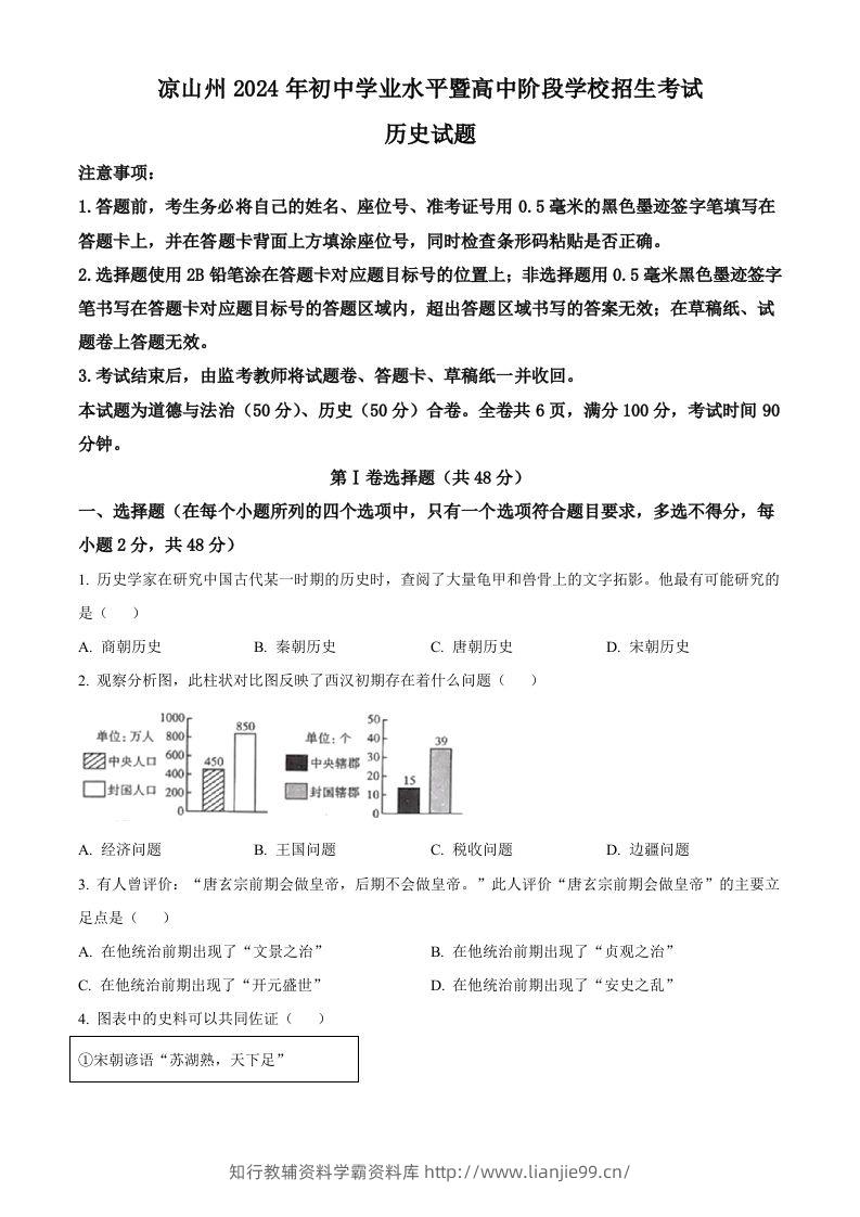 2024年四川省凉山州中考历史真题（空白卷）-学霸资料库学科资源下载