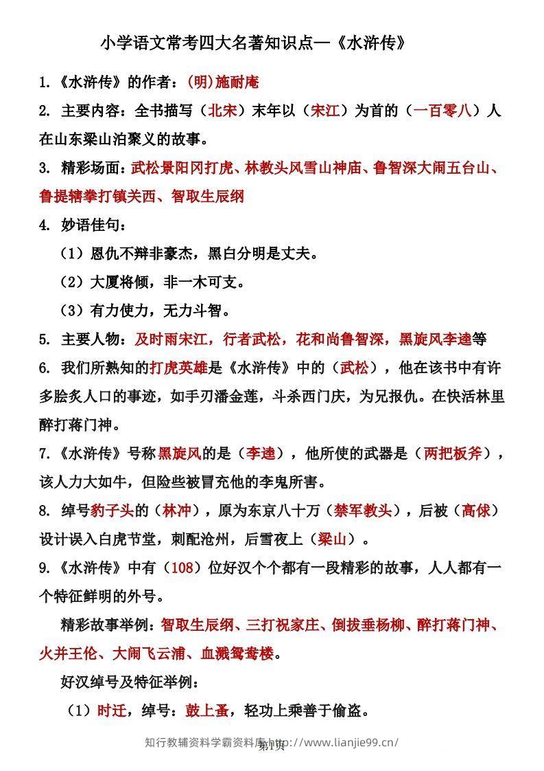 四大名著知识点汇总之《水浒传》-学霸资料库学科资源下载