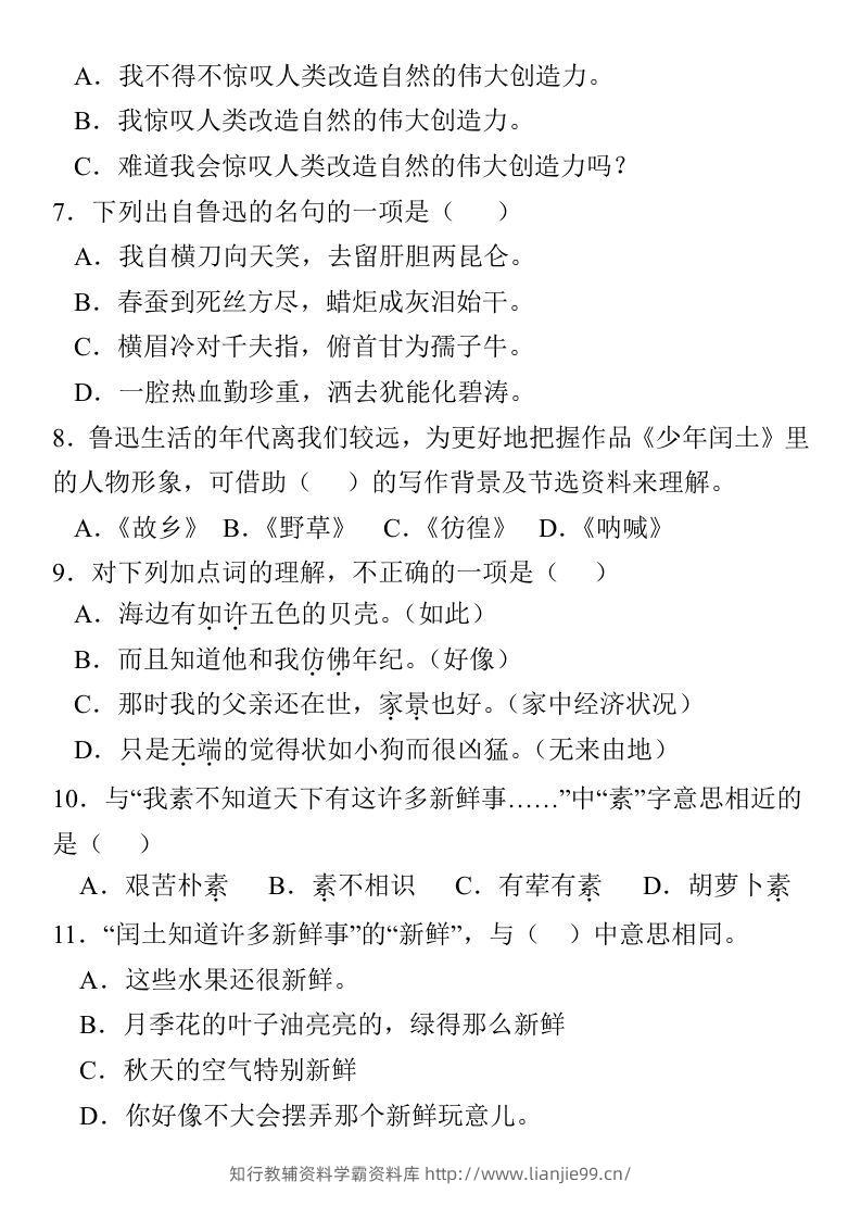 图片[2]-【期末选择题专题训练】六上语文-学霸资料库学科资源下载