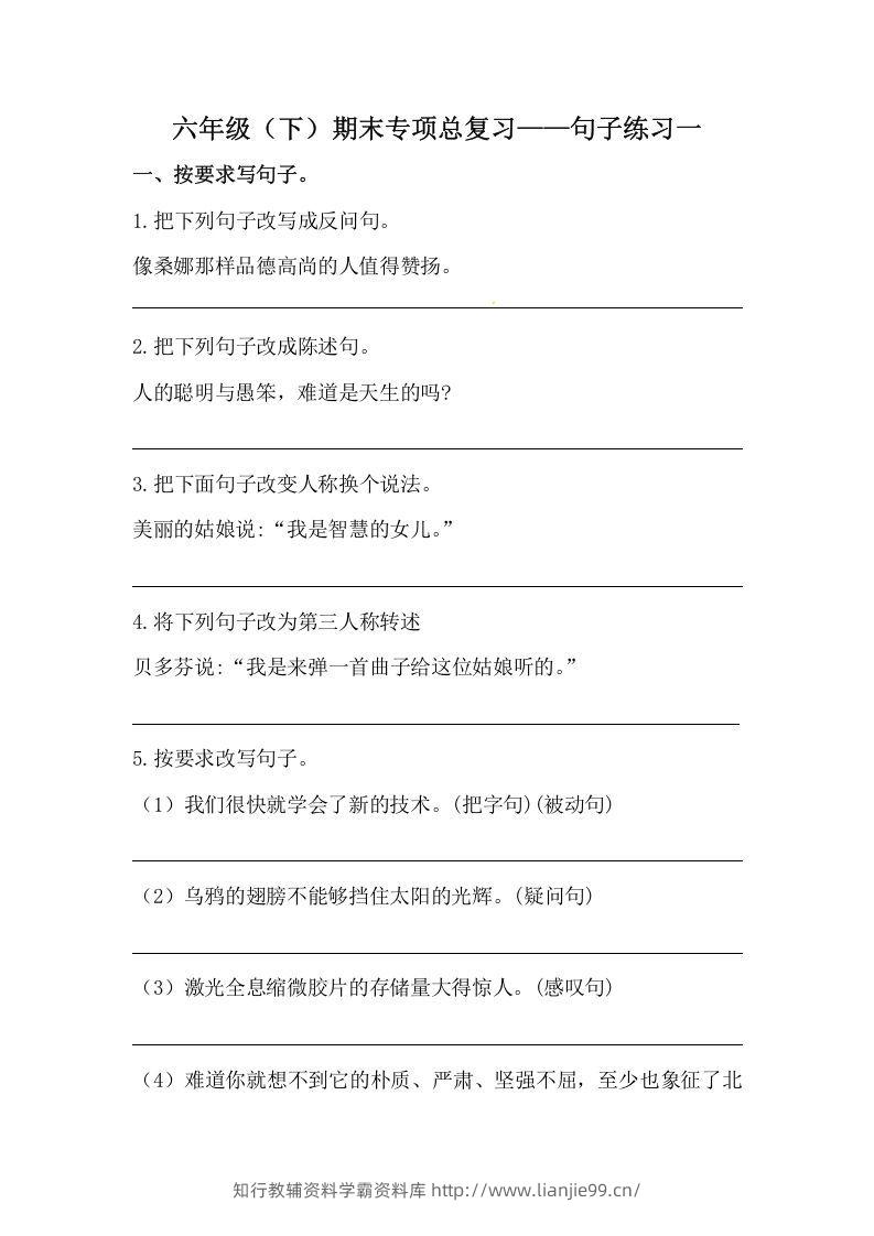 六年级语文下册期末句子专项训练（一）（含答案）（部编版）-学霸资料库学科资源下载